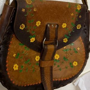 Handcrafted Floral Brown Large Leather Bag